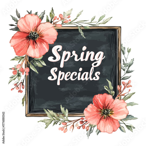 Watercolor 'Spring Specials' Chalkboard Sign with Pink Flowers and Greenery, Vector Illustration
