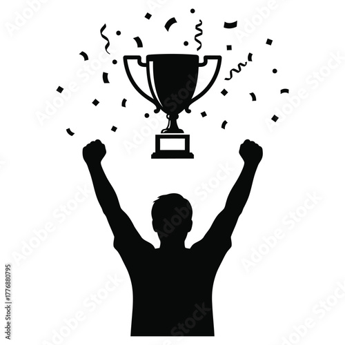 Silhouette of a triumphant person holding up a trophy with confetti falling around them