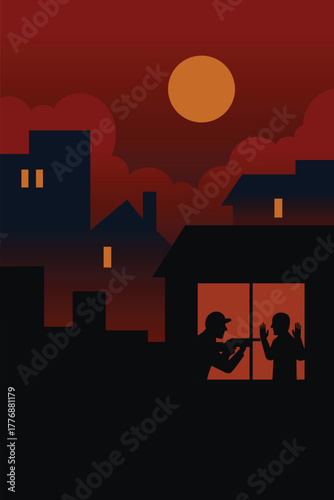 Urban Night Crime Scene Illustration – Dark City Silhouette with Robbery Concept under Red Sunset