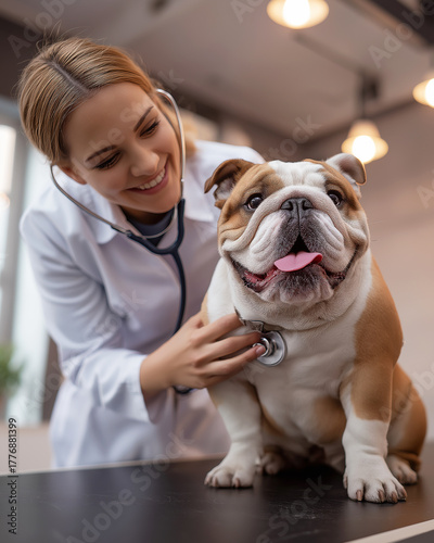 Wallpaper Mural A veterinarian examines a bulldog at a veterinary clinic. The veterinarian uses a stethoscope to listen to the dog's heartbeat. Torontodigital.ca