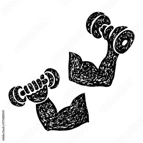 Muscular arms holding dumbbells, hand-drawn sketch icon logo gym vector.