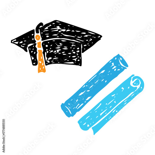Graduation cap, diploma scrolls, education vector doodle hand drawn icon.