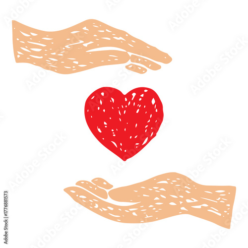 Human hand with red heart floating, protection, donation, charity, love, care, giving, receiving vector symbol.