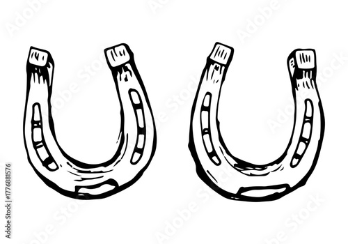 Horseshoes black and white hand-drawn illustration vector element clipart.