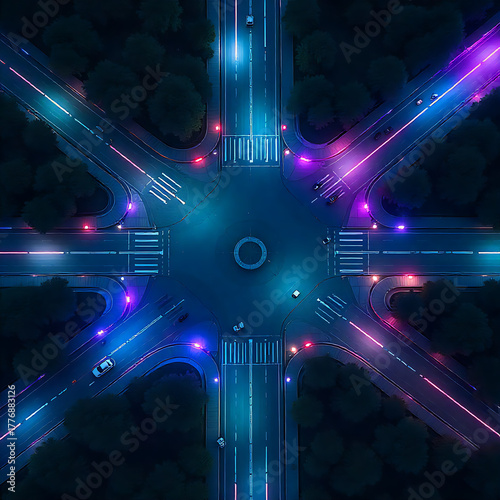 Drone night view of futuristic intersection with glowing LED lights, teal and violet tones, modern city transportation concept.