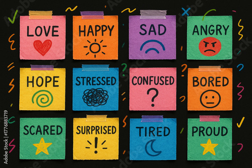 Colorful sticky notes with hand-drawn emotional symbols