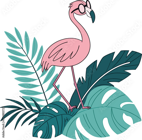 Cool flamingo wearing glasses standing amongst lush tropical leaves, perfect for bright summer party invitations or trendy stationery designs
