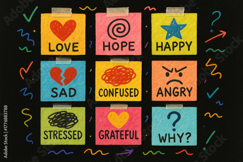 Colorful sticky notes with hand-drawn emotional symbols