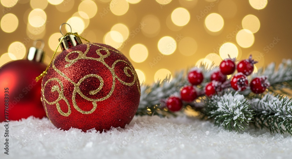 Obraz premium Festive red and gold Christmas ornaments on snow, with bokeh lights and snowy pine branch, winter holiday.