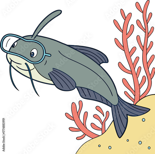 Dive into Fun Adorable cartoon catfish wearing goggles swimming near coral reefs, perfect for children's books and educational material about marine wildlife