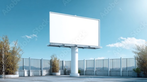 A blank billboard sits on a rooftop surrounded by greenery under a sunny sky.