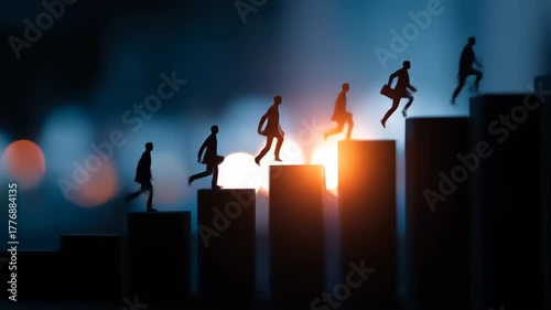 Silhouetted figures ascending stark histogram bars under ethereal light, symbolizing personal growth with unwavering ambition to higher levels, path to reach achievement