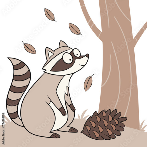 Adorable raccoon enjoys autumn leaves falling near a tree, perfect for children's books or seasonal promotions bringing a touch of nature and playful charm