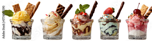 Assorted ice cream sundaes in small glasses.  Layers of ice cream, chocolate, and toppings