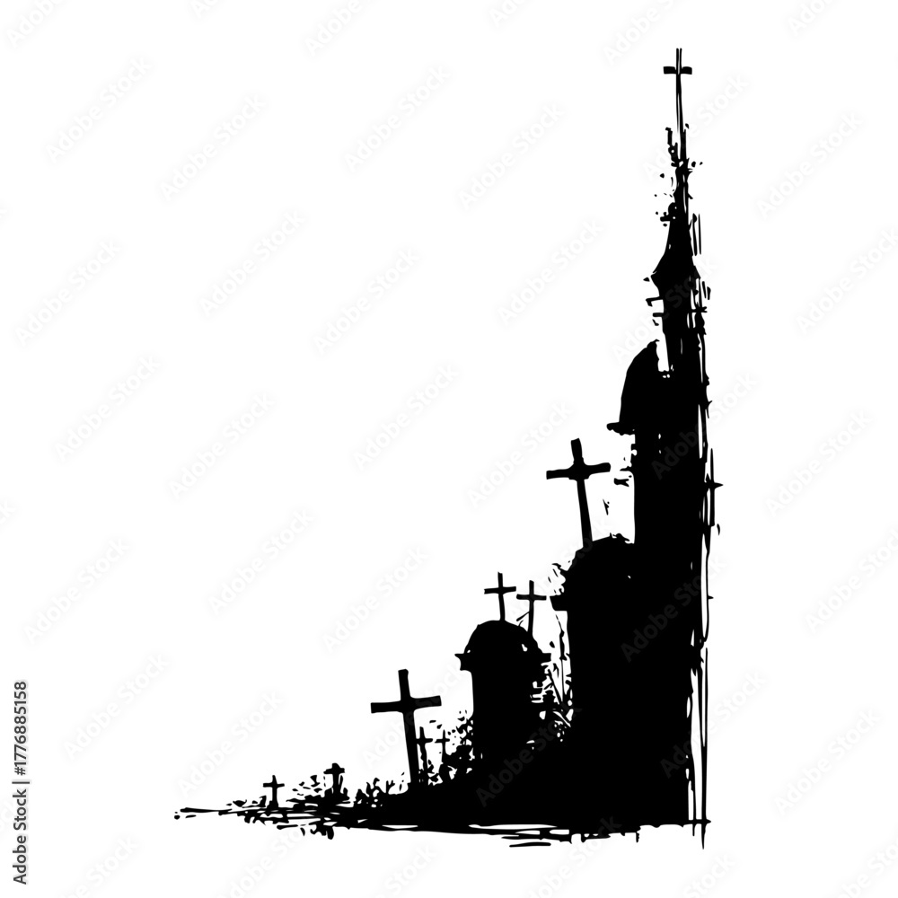 Obraz premium Grunge Halloween Graveyard Scene with Gothic Church Vector Illustration