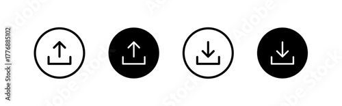 Upload and download icons, data transfer symbols, file sharing buttons, vector illustration