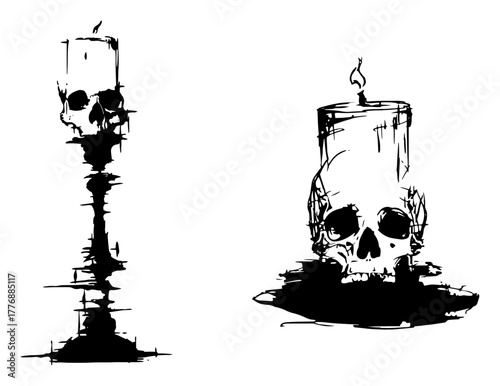 Gothic Hand Drawn Skull with Burning Candle Vector Illustration Set
