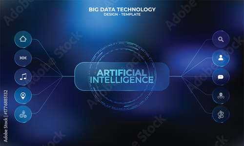Modern glassmorphism template for AI-powered process flowcharts (deep version). 10 selection buttons. Infographic design for websites or data presentations. Technological and futuristic concept.