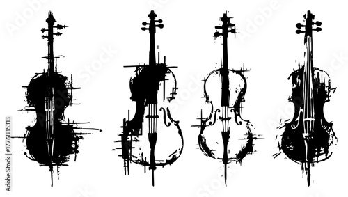 Grunge Collection of Cello and Violin String Instruments Vector Illustration