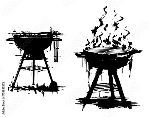 Set of Barbecue Grills with Fire in Grunge Hand Drawn Style