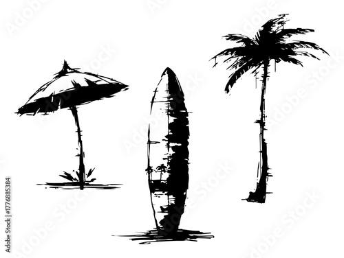 Beach icons umbrella surfboard and palm tree grunge ink summer vector illustration