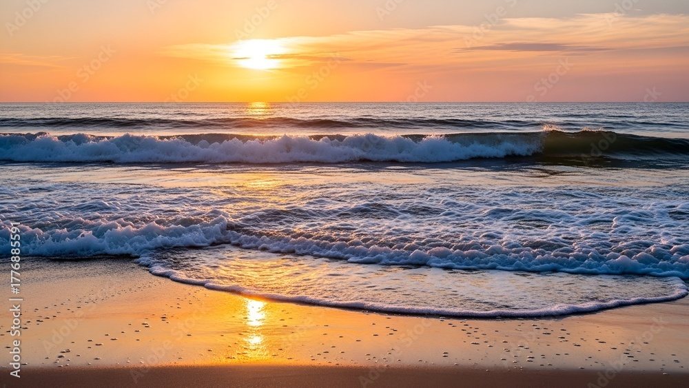 Naklejka premium Sunset Over Ocean Waves Calm Beach Scene with Vibrant Colors and Soft Lighting