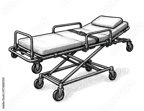 Emergency hospital stretcher, black and white halftone drawing.