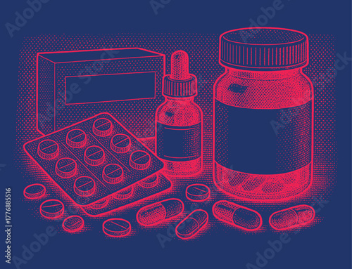 Bottles, blister packs, pills and capsules in red-blue halftone pop art style.