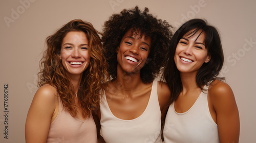 Group of four joyful young women standing close together, smiling and laughing in front of a soft beige background. The image celebrates diversity and natural beauty, showing women