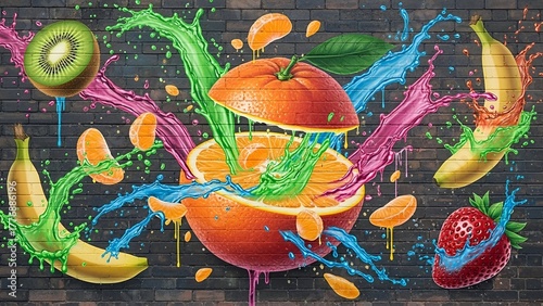 Colorful Fruit Splash Mural with Citrus Berries and Bananas on Brick Wall