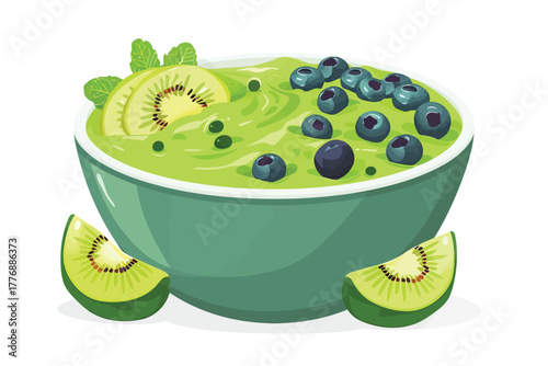 Fresh green smoothie bowl with superfoods isolated illustration