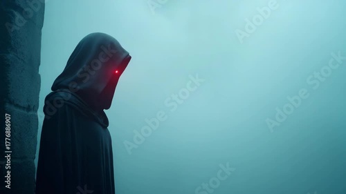 A mysterious cloaked figure with a glowing red eye stands in a dark corridor. Billowing fog creates a suspenseful and ominous atmosphere. Dark fantasy and horror concept with copy space