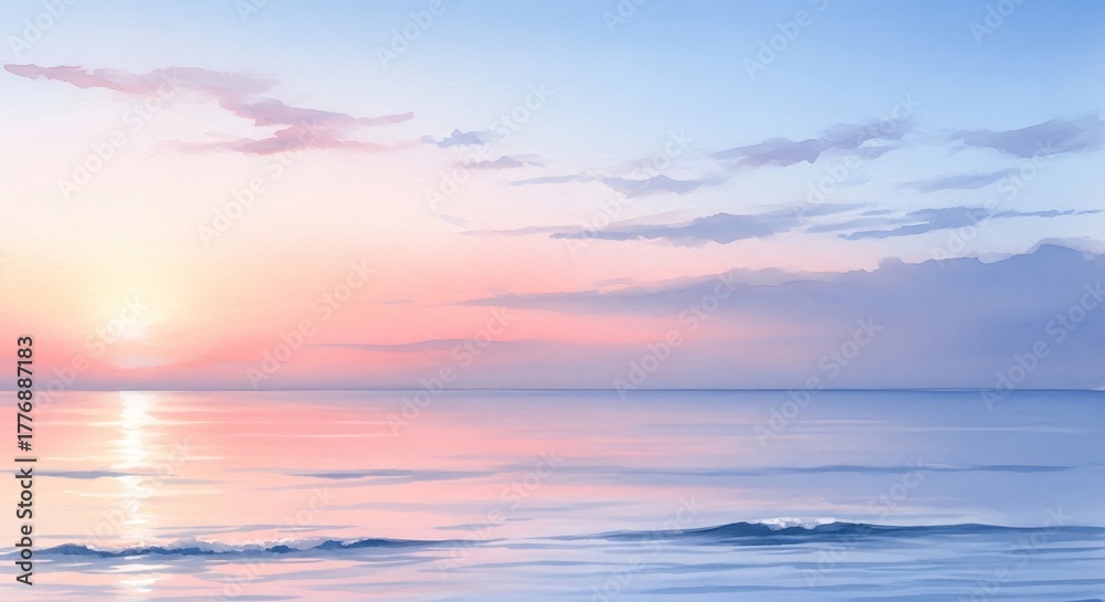 Obraz premium Watercolor sunrise seascape painting with pastel hues and dreamy skies