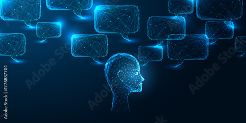 AI thinking and human-machine interaction with digital head silhouette and chatbot conversation