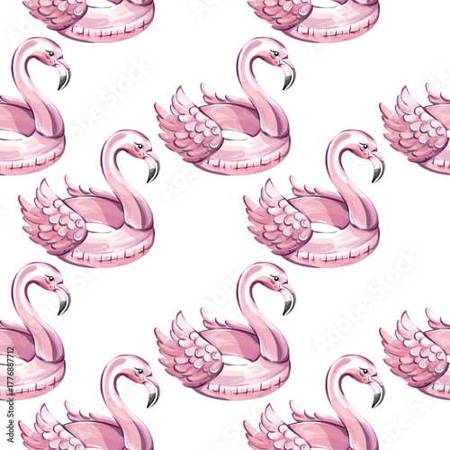 Summer vibes seamless pattern background wallpaper featuring pink flamingo pool floats for festive occasions, beach relaxation, and holiday festivities in a vibrant arrangement