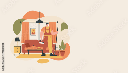 Illustration of a professional cleaning service worker tidying a cozy autumnal living room interior