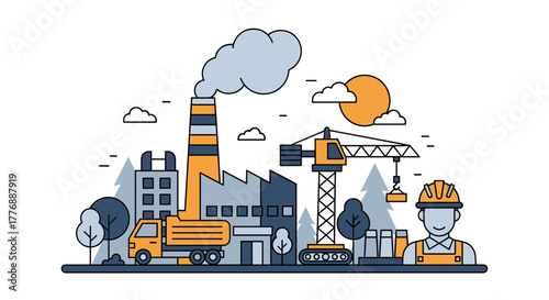 Construction site and industrial factory illustration with a smiling engineer in a hard hat