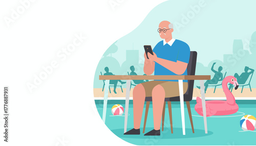Modern grandpa using a smartphone while relaxing by the swimming pool
