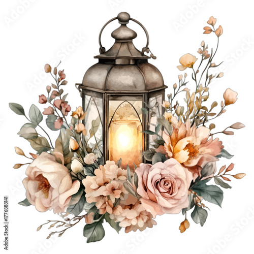 Watercolor Vintage Lantern with Pink Roses and Greenery, Vector Illustration
