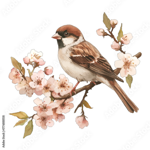 Watercolor House Sparrow Bird on Pink Cherry Blossom Branch, Vector Illustration

