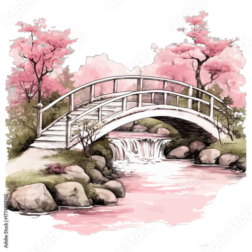 Watercolor Japanese Garden Arch Bridge with Cherry Blossoms and Waterfall, Vector Illustration
