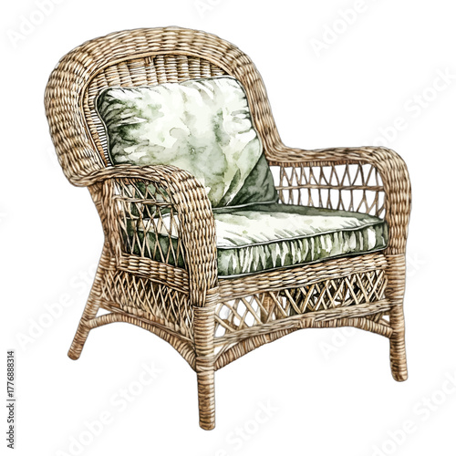 Watercolor Wicker Rattan Armchair with Green Cushions, Vector Illustration
