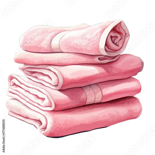 Watercolor Stack of Folded Pink Bath Towels, Vector Illustration
