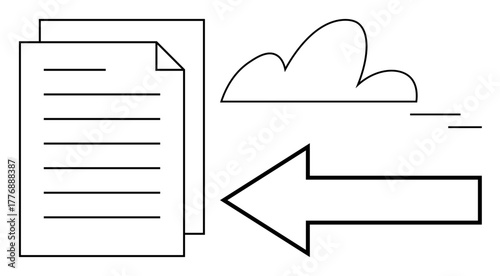Files represented by documents and a cloud icon connected by a bold arrow indicating upload or transfer. Ideal for cloud computing, data sharing, digital storage, technology, file transfer, network