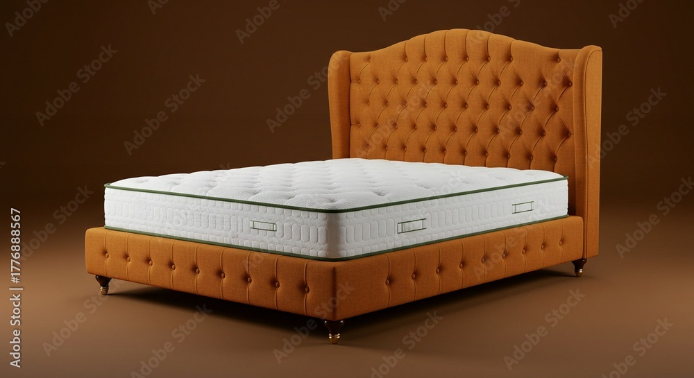 Obraz premium Luxurious orange tufted bed frame with a plush mattress. Enhances sleep comfort and bedroom aesthetics.