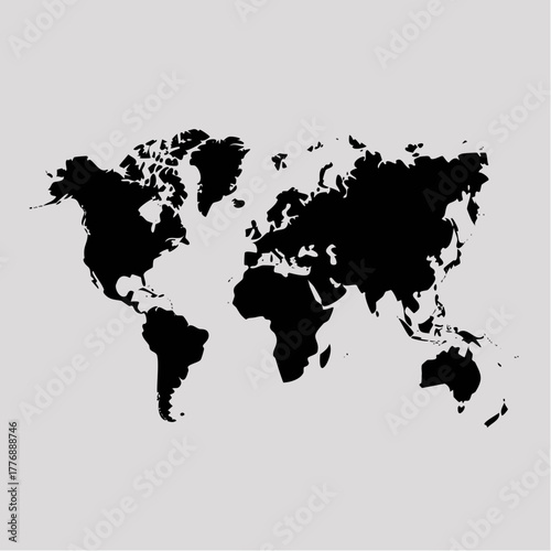 World map silhouette showing continents in black against a gray background, geographical representation.