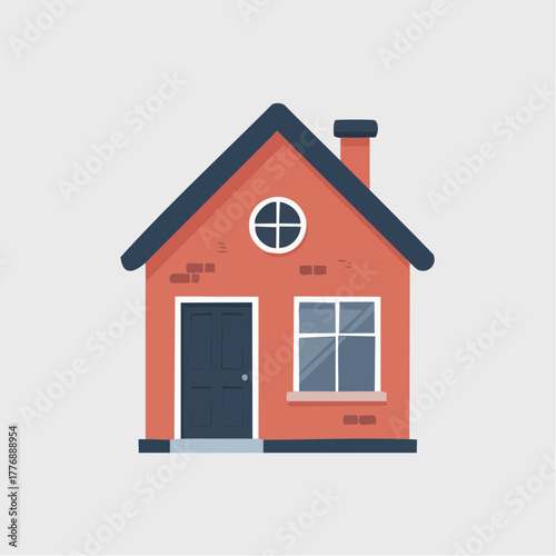 Illustration of a red brick house with a dark blue roof and door on a light gray background.