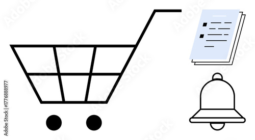 Shopping cart symbolizes online shopping, checklist reflects task organization, and bell conveys notifications. Ideal for e-commerce, productivity, order tracking, retail, reminders, digital tools