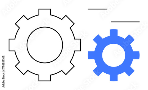 Two gears, one outlined and one solid blue, in motion-thumbs up arrangement. Thin lines suggest connection. Ideal for teamwork, collaboration, process, engineering, productivity technology