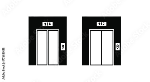 Black and white illustration depicting two elevator doorways side by side